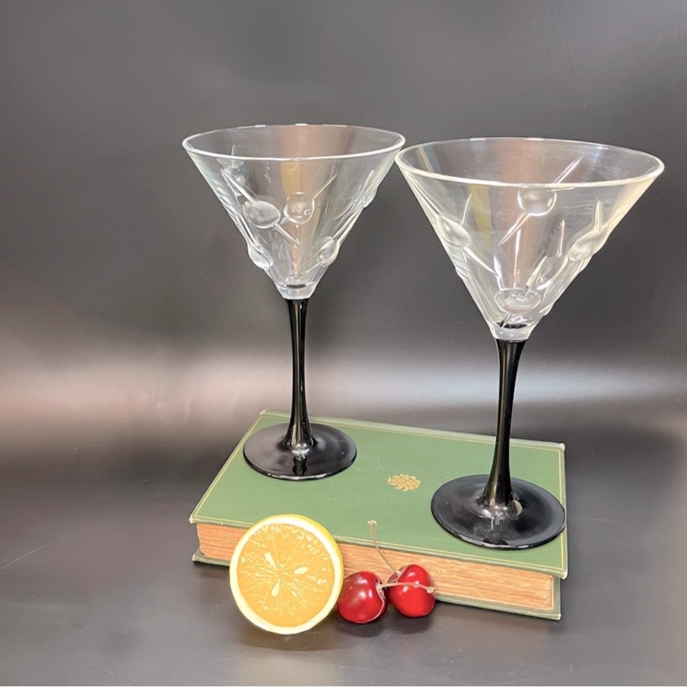 Vintage Barware Retro Raised Olive Martini Glass Set Clear Glass Black Stem